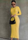 Fall Yellow Long Sleeve Round Neck Knitted Long Dress