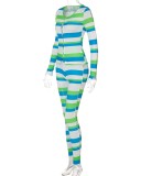 Fall Sexy Green Stripe Hollow Out Long Sleeve Top And Pant Set