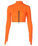 Fall Stylish Orange High Collar Zipper Long Sleeve Crop Top