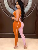 Fall Sexy Pink And Orange Contrast Sleeveless Zipper Slim Jumpsuit