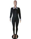Fall Sexy Black Plaid Turndown Collar Zipper Slim Long Sleeve Jumpsuit