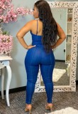 Fall Sexy Blue Button Up Sweetheart Straps Slim Denim Jumpsuit