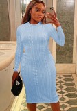 Fall Blue Long Sleeve Round Neck Knitted Midi Dress