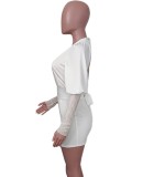 Fall Sexy White Plunge Neck Mesh Patchwork Puff Sleeve Backless Bodycon Dress
