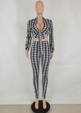 Fall Sexy White Plaid Tie-Wrap Long Sleeve Crop Top And High Waist Slim Pants Two Piece Set