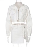 Fall Stylish White Turn Down Collar Zipper Long Sleeve Coat And Zipper Mini Dress Set