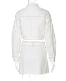 Fall Stylish White Turn Down Collar Zipper Long Sleeve Coat And Zipper Mini Dress Set