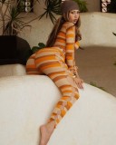 Fall Sexy Orange Stripe Hollow Out Long Sleeve Top And Pant Set