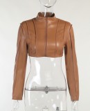 Fall Sexy Brown Long Sleeve Zip Up Pu Leather Crop Jacket