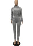 Fall Casual Plain Gray Long Sleeve Crop Hoodie And Sweatpants Two Piece Set