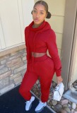 Fall Casual Plain Red Long Sleeve Crop Hoodie And Sweatpants Two Piece Set