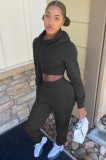 Fall Casual Plain Black Long Sleeve Crop Hoodie And Sweatpants Two Piece Set