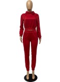 Fall Casual Plain Red Long Sleeve Crop Hoodie And Sweatpants Two Piece Set