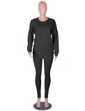 Fall Casual Plain Black Long Sleeve Loose Sweatshirt And Matching Pants Two Piece Sweatsuit