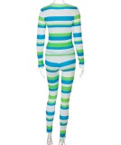 Fall Sexy Green Stripe Hollow Out Long Sleeve Top And Pant Set