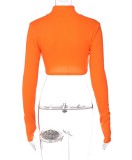 Fall Stylish Orange High Collar Zipper Long Sleeve Crop Top