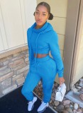 Fall Casual Plain Blue Long Sleeve Crop Hoodie And Sweatpants Two Piece Set