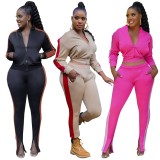 Fall Casual Pink Contrast Zip Pocket Long Sleeve Top And Matching Pants Two Piece Set