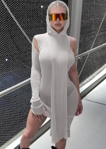 Mini abito con cappuccio a una spalla grigio a costine alla moda sexy autunnale