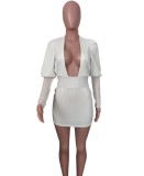 Fall Sexy White Plunge Neck Mesh Patchwork Puff Sleeve Backless Bodycon Dress