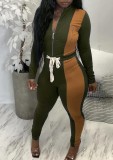 Fall Trendy Green Contrast Ziper Long Sleeve Top And High Waist Pants Two Piece Set