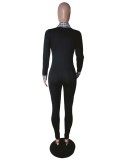 Fall Sexy Black Plaid Turndown Collar Zipper Slim Long Sleeve Jumpsuit