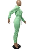 Fall Casual Plain Green Long Sleeve Crop Hoodie And Sweatpants Two Piece Set