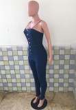 Fall Sexy Blue Button Up Sweetheart Straps Slim Denim Jumpsuit