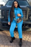 Fall Casual Plain Blue Long Sleeve Crop Hoodie And Sweatpants Two Piece Set