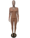 Fall Sexy Brown U-Neck Long Sleeve Top And Slim Pants Two Piece Set