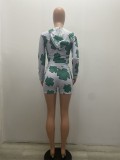 Fall Fashion Green Print Zipper Long Sleeve Crop Top And Shorts Set