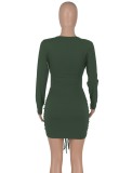Fall Sexy Green Tie Up Long Sleeve Crop Top And Mini Dress Set