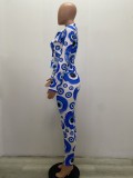 Fall Fashion Blue Print Zipper Long Sleeve Crop Top And Pant Set