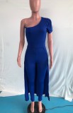 Fall Sexy Blue Ruffled One Shoulder Slim Jumpsuit With Hem