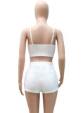 Summer Sexy White Zipper Straps Crop Top And High Waist Matching Shorts Two Piece Set
