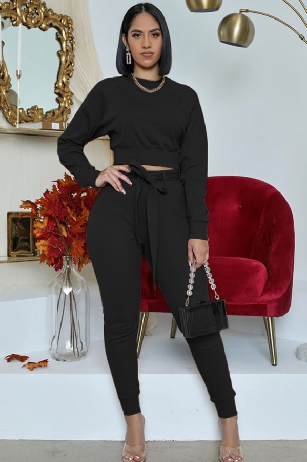 Fall Casual Black Long Sleeve Top And Pant Two Piece Set