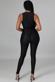Fall Sexy Black Stripes Print Plunge Neck Sleeveless Slim Jumpsuit
