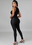 Fall Sexy Black Stripes Print Plunge Neck Sleeveless Slim Jumpsuit