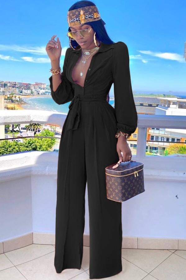 Fall Elegant Black Button Up Puff Sleeve Turndown Collar Loose Jumpsuit With Belt