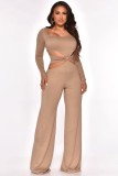 Fall Sexy Kahaki Hollow Out Long Sleeve Jumpsuit