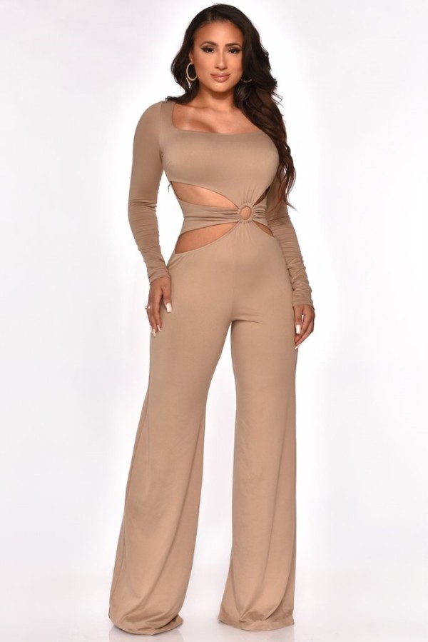 Fall Sexy Kahaki Hollow Out Long Sleeve Jumpsuit