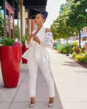 Fall Elegant White Ruffles Lace Cut Out Shoulder Long Sleeve Blazer And Pant Set