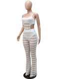 Summer Sexy White Holow Out Straps Bodysuit And High Waist Pants Two Piece Set