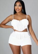 Summer Sexy White Zipper Straps Crop Top y pantalones cortos a juego de cintura alta Conjunto de dos piezas
