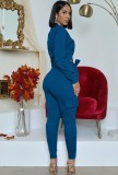 Fall Casual Blue Long Sleeve Top And Pant Two Piece Set