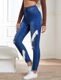 Fall Blue Ripped With White Tassels Slim Jeans