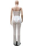 Summer Sexy White Holow Out Straps Bodysuit And High Waist Pants Two Piece Set