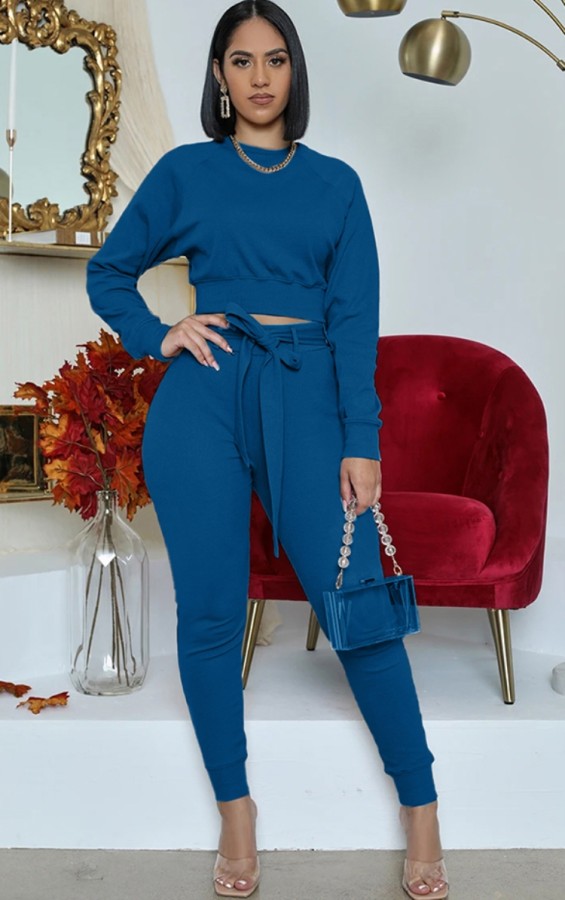 Fall Casual Blue Long Sleeve Top And Pant Two Piece Set