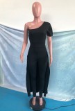Fall Sexy Black Ruffled One Shoulder Slim Jumpsuit With Hem