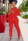 Fall Elegant Red Ruffles Lace Cut Out Shoulder Long Sleeve Blazer And Pant Set